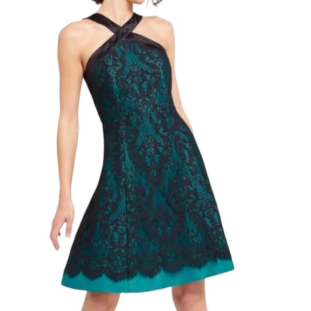 Draper James Betty Party Lace Halter Miniknee Length Dress Teal Black Size 10